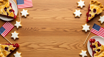 Slices of cherry pie and star shaped cookies with small American flags on a wooden table, patriotic food composition for Presidents' Day or Fourth of July celebration