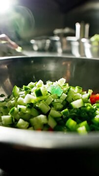 Freshly Prepared Culinary Scene: Chopped Vegetables Salad Preparation In Professional Kitchen