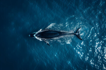 Fototapeta premium Aerial view of a solitary whale swimming in luminous blue ocean waters