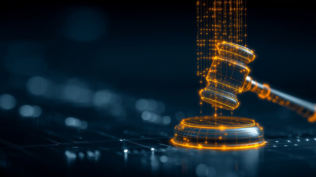 Digital gavel formed by data particles symbolizing justice, regulation and modern legal technology.
