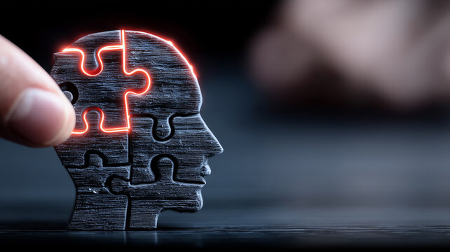 Hand holding a puzzle piece head silhouette representing mental health awareness and problem solving.
