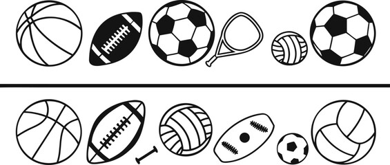 Sports Equipment Array: A clean, monochromatic design presents an array of various sports equipment, capturing the essence of diverse athletic pursuits, ready for action and competition.