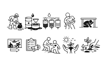Environmental cleanup, disaster response and recovery line icon set