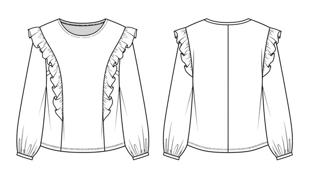 Fashion design sketch of a long sleeved blouse with ruffled details