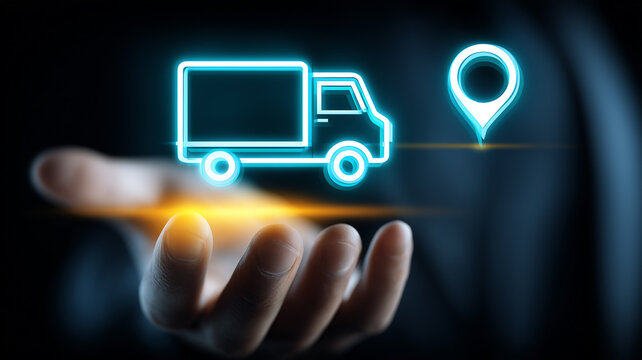 Holographic delivery truck and location pin above a hand symbolizing logistics tracking, route planning, and ecommerce fulfillment.
