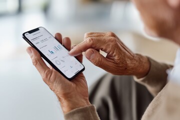 Elderly hands are seen navigating a smartphone displaying a white screen with blue graphs and data in a bright softly focused background