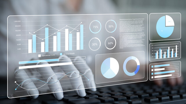 A business professional engages with interactive data visualizations, highlighting important trends and performance metrics while working in a modern office. Gantry