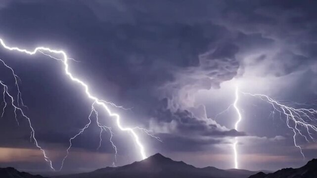Brilliant forked lightning illuminates dramatic dark storm clouds towering above a rugged mountain range landscape during a severe weather event.