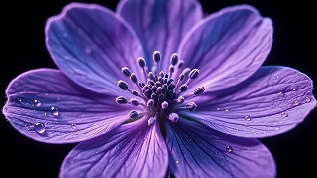 Neon Scabiosa Flower Blooming on Black Background Cinematic Style