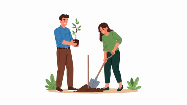 Couple planting a small tree, one holding plant, other digging hole