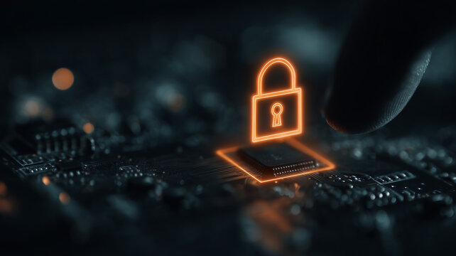 Finger touching a microchip with padlock symbol representing hardware security and encrypted computing.
