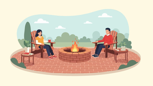 Couple relaxes by a fire pit with drinks and books in a yard