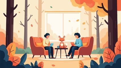 Plakat Cozy autumn scene with two people and a fox in a forest home