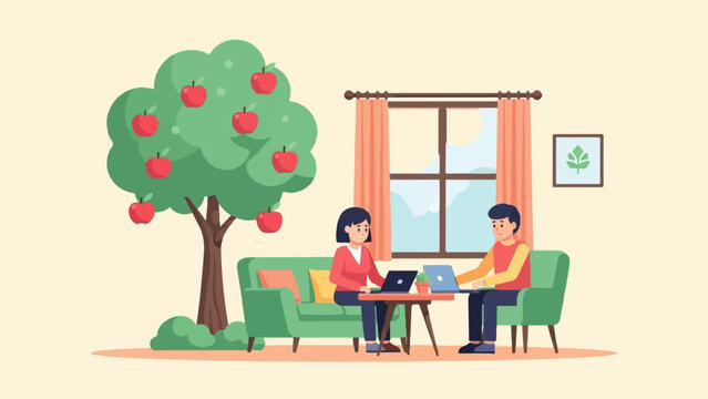Couple working on laptops at home with apple tree outside