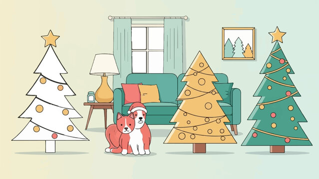 Cozy indoor scene with two dogs, sofa, and multiple decorated Christmas trees