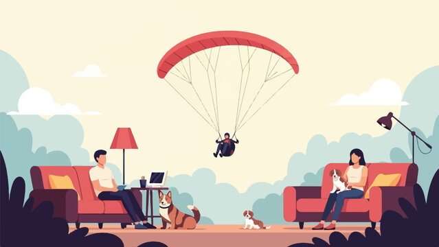 Couple relaxing with dogs, paraglider flying above clouds