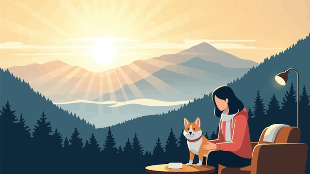 Cozy companionship with a corgi amidst a serene mountain sunset scene