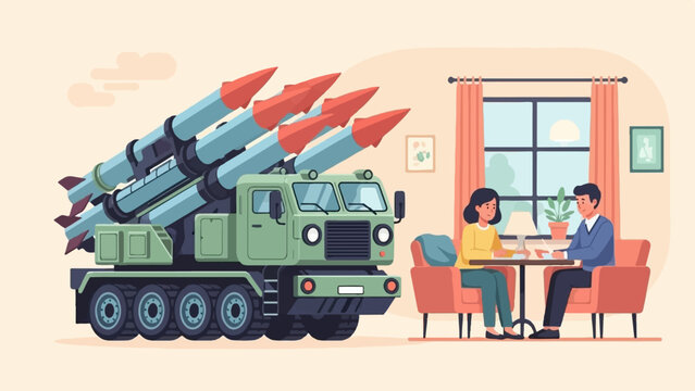 Couple sharing meal indoors as military rocket launcher stands nearby