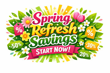 Spring Savings Banner. Modern holiday banner with short greeting slogan, vibrant spring refresh sale banner announcing seasonal