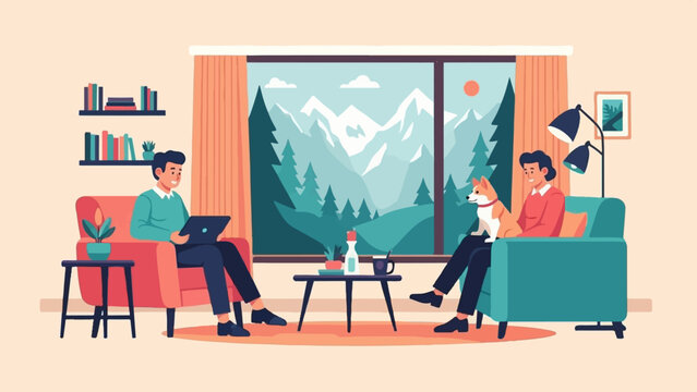 Cozy living room scene with mountain view, people, dog, laptop, and books