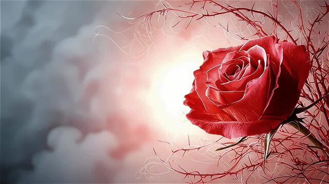 Red rose flower with thorny branch bloom glowing softly against misty gray background creating romantic delicate floral close up atmosphere
