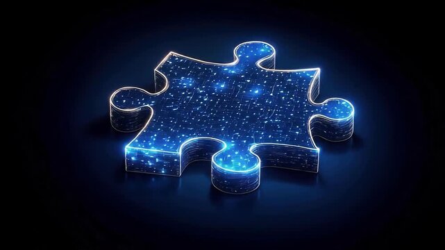 Glowing blue puzzle piece with digital circuit pattern symbolizing technology connection futuristic style and glowing digital puzzle piece with blue
