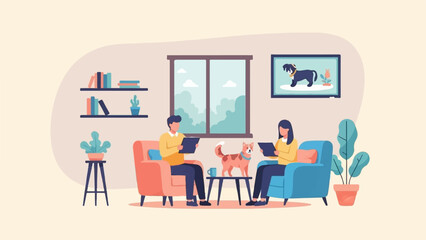 Obraz na płótnie Canvas Cozy indoor scene of two people and a dog in a modern living room