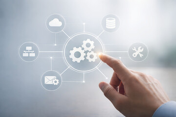 Finger interacting with digital icons for workflow and data