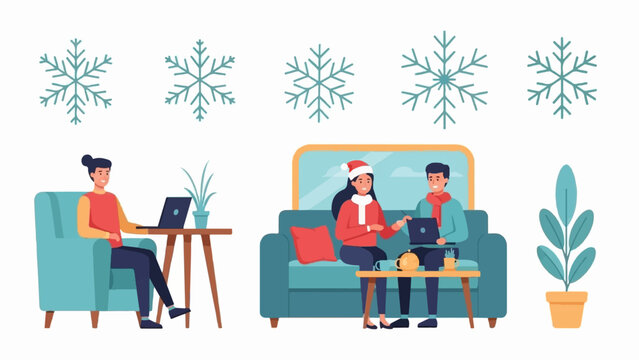Cozy winter scene of people working remotely with festive snowflakes