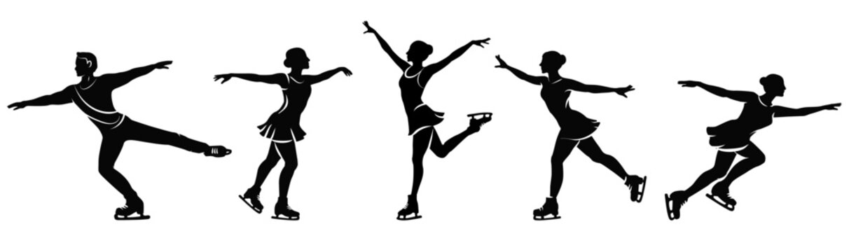 Set of black vector silhouettes of figure skating athletes in motion isolated on transparent background. Male and female skaters performing spins, glides and jumps. International winter competition