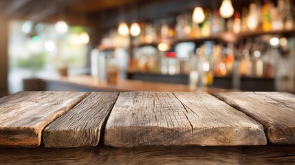 Wooden table stands empty in a bar setting with blurred shelves and bottles behind it, conveying a sense of anticipation for customers