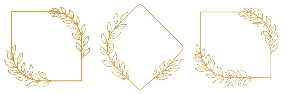 Boho Hand drawn line wedding herb, leaves for invitation save the date card. Golden vintage set includes decorative paper frames, text boxes and scrolling floral borders. Vector illustration.