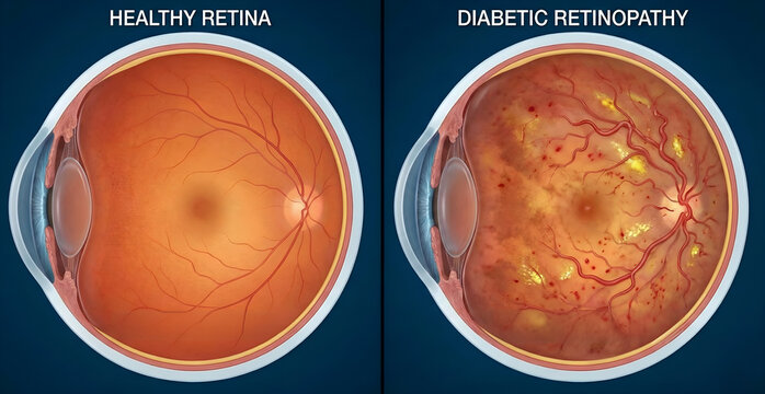 Healthy Retina vs Diabetic Retinopathy Eye Anatomy Comparison