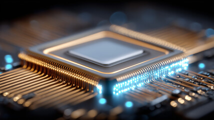 Microprocessor chip on a circuit board representing high performance computing and semiconductor innovation.