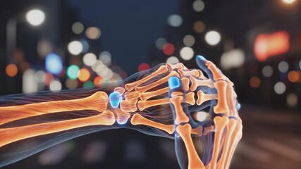Futuristic digital skeletal hand reaching out in a neon cityscape at night demonstrating technological innovation and digital - Powered by Adobe