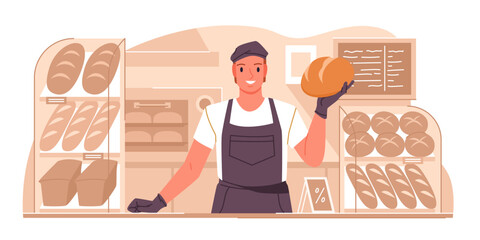 Smiling bakery seller stands behind counter holding a fresh bread loaf, surrounded by various baked goods and pastries, ready to serve customers, isolated on white background vector illustration © Natalia