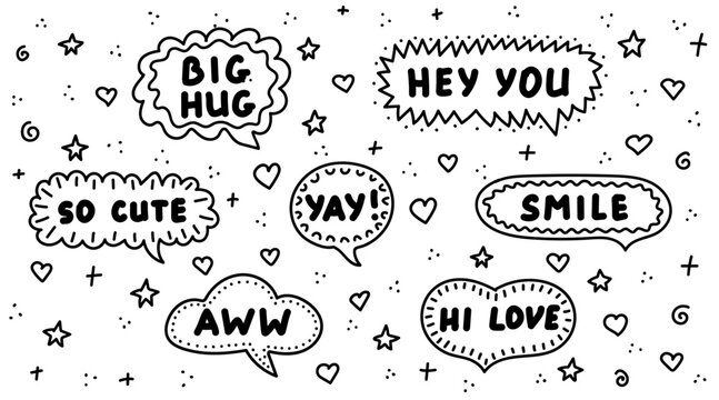 Doodle line speech bubbles with positive messages and hearts. Cute hand drawn vector illustration for greeting card and sticker design. Vector illustration