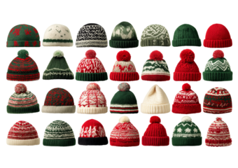 Collection of thirty knitted woolen winter hats in various Christmas styles and colors isolated on a transparent background