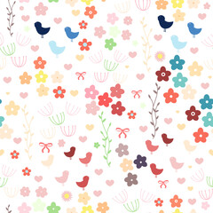 Fototapeta premium Cute birds and flowers. Seamless spring design pattern