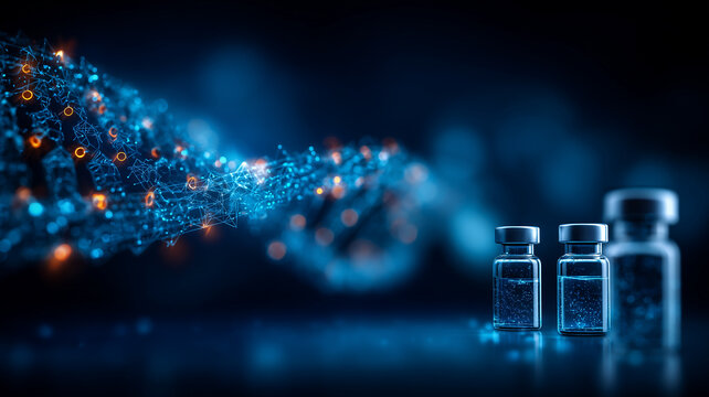 DNA structure with medical vials representing vaccine development, clinical research, and modern biotechnology.
