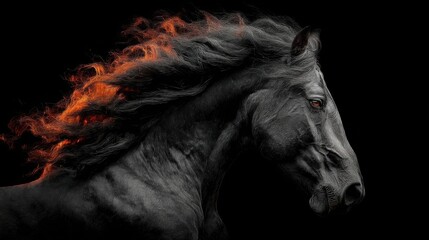 Black Horse with Fiery Mane Flowing Against Dark Background
