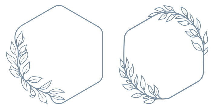 Hand drawn line wedding herb, elegant leaves for invitation save the date card. Wreath borders dividers, frame corners and minimalist flowers branch. Floral frame with copy space for text or letter.