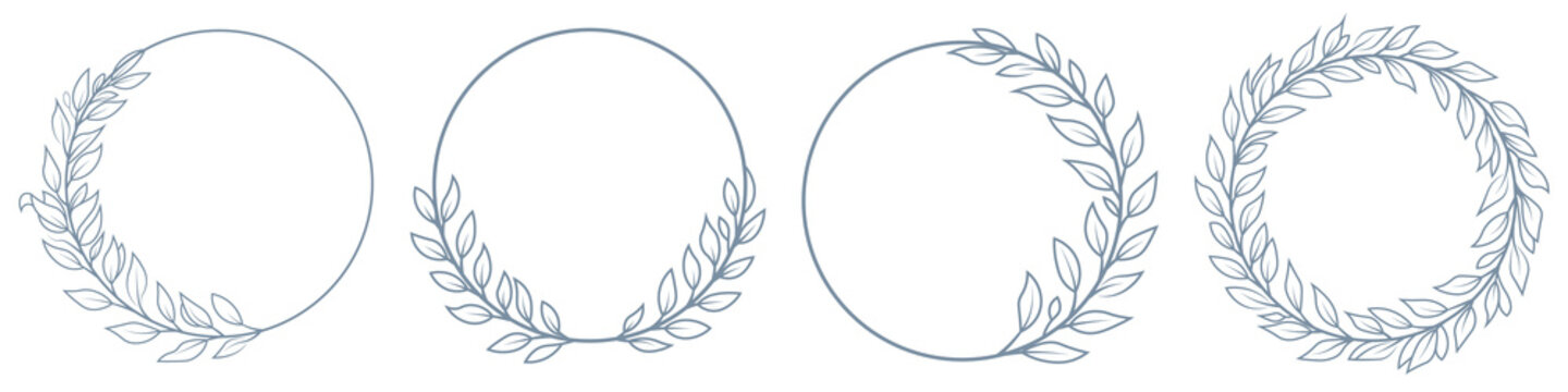 Hand drawn vintage floral wreaths, frames, corners with flowers, branches and leaves. Wreath in line art. For label, corporate identity, wedding invitation, card. Set of floral design logo elements.
