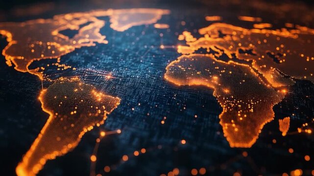 Global Network: A digital representation of the world map glows with interconnectivity, highlighting global relationships and the interconnectedness of modern technology.