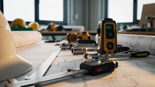 Engineering workspace with safety helmet and measuring tools arranged over blueprints in a modern office environment