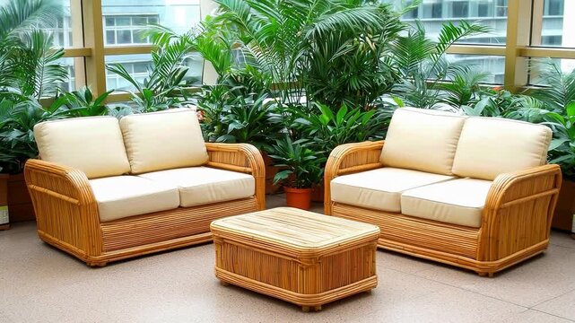 Rattan sofa with beige cushions and matching coffee table surrounded by lush green indoor plants and green potted plants in bright living room space
