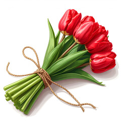 Bouquet of fresh cut red tulips tied in twine isolated on a white background