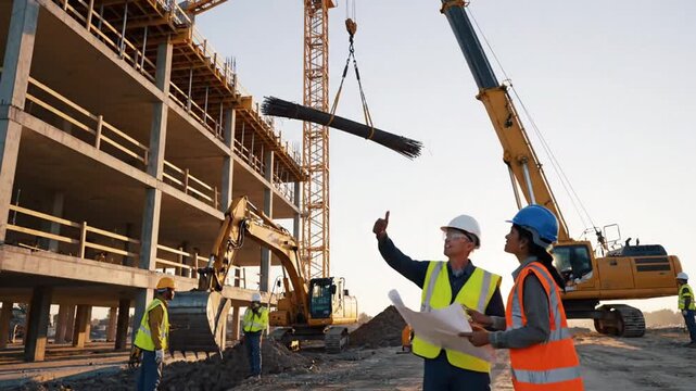 construction site inspection with engineers and heavy machinery during sunset highlighting building process
