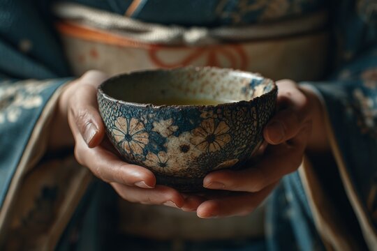 Close-up of a Japanese woman holding a bowl while wearing a kimono at a traditional setting in Japan during daytime