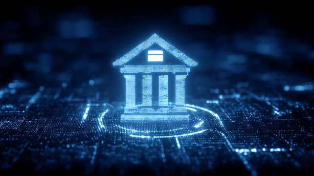 Digital bank building icon with payment card over a data grid representing modern fintech services and cashless banking.
